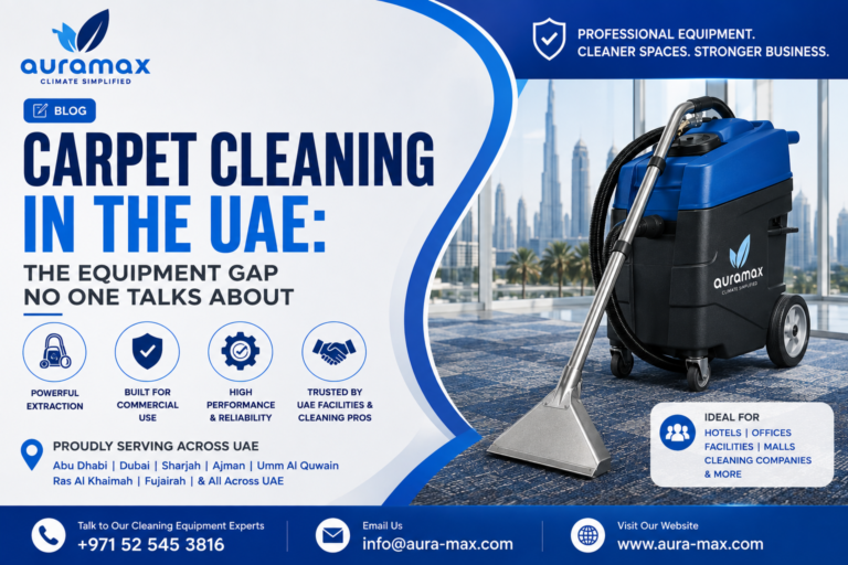 Professional carpet cleaning machine for commercial facilities in the UAE, featuring Aura-Max carpet extraction equipment for hotels, offices and cleaning companies.